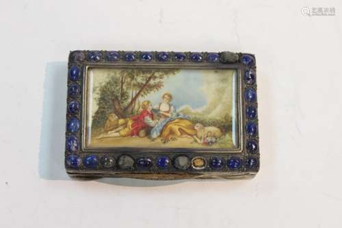 Hand Painted Silver Miniature Case w Lapiz Inlaid