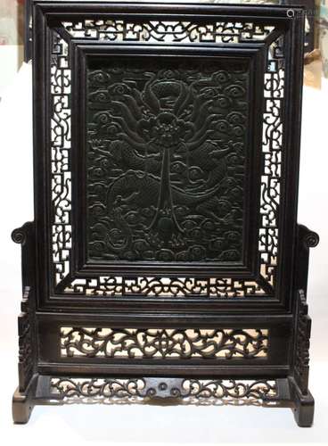 Chinese Spinach Jade Table Screen w Calligraphy