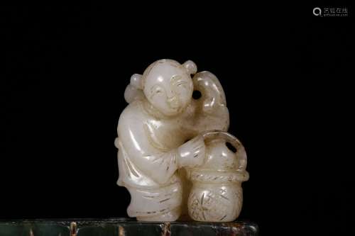 Chinese Hetian Jade Carved Boy Holding Basket