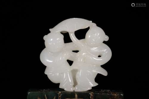 Chinese Hetian Jade Carved 2 Boys