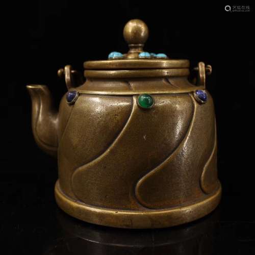 Chinese Bronze Teapot w Gems