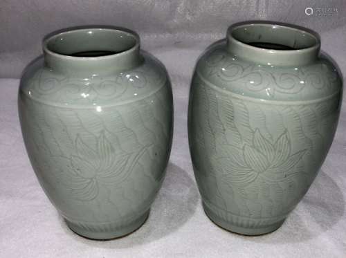 Pair of antique Chinese celadon porcelain bottles