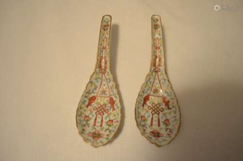 Pair Chinese Famille Rose Porcelain Spoon