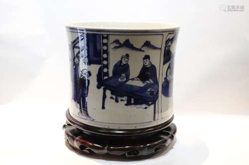 Chinese Blue and White Porcelain Brushpot w Base