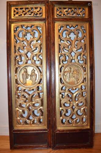 19th C Pair Old Chinese Wood Carved Gilt Panels