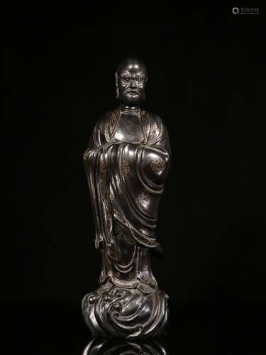 Republican Chinese Zitan Wood Buddha w Silver Inla