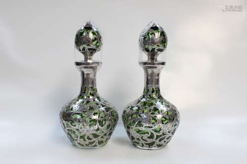 Pair of 19th.C Silver Overlaid Green Glass Vase