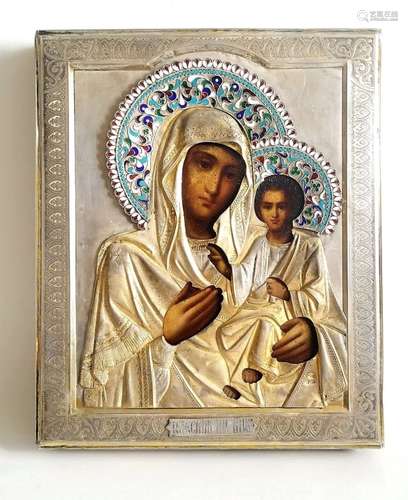 19C Russian Enamel Icon Iverskay Mother of God