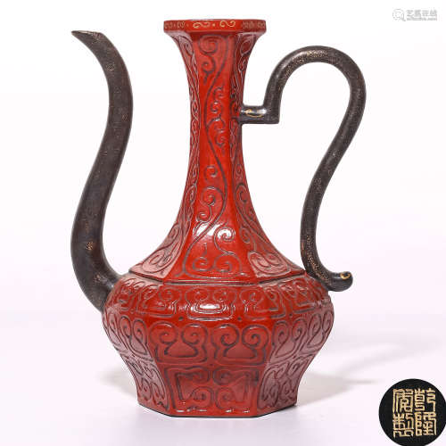 A Chinese Tixi-Lacquer-Red Glazed Porcelain Wine Pot