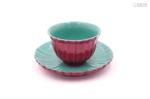 A Chinese Purple Glazed Porcelain Tea Cup and Plate