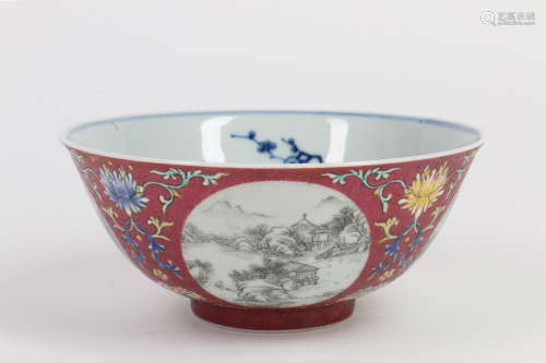 A Chinese Red Glazed Famille-Rose Porcelain Bowl