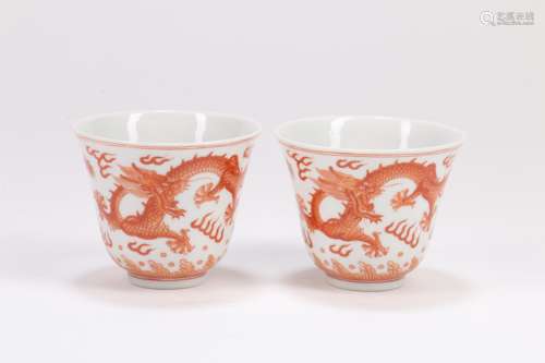 A Pair of Chinese Iron-Red Porcelain Cups