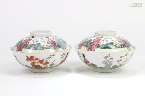 A Pair of Chinese Famille-Rose Porcelain Bowls with Cover