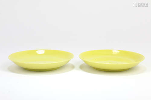 A Pair of Chinese Yellow Ground Porcelain Plates