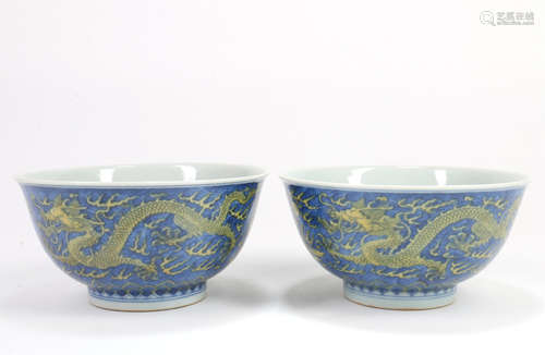 A Pair of Chinese Blue Glazed Porcelain Bowls