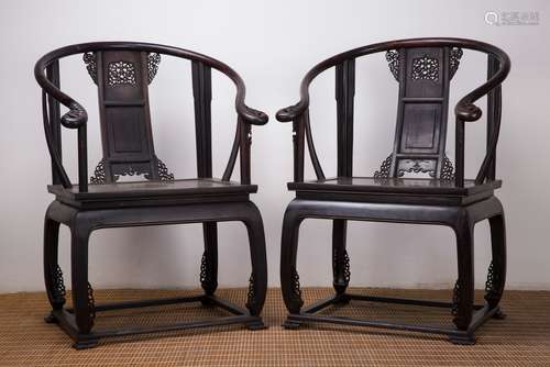 A Pair of Chinese Carved Zitan Chairs