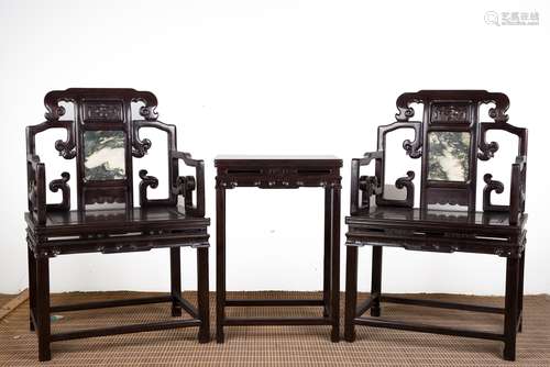 A Set of Chinese Carved Zitan Chairs and Table