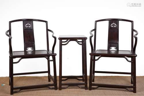 A Set of Chinese Carved Zitan Chairs and Table