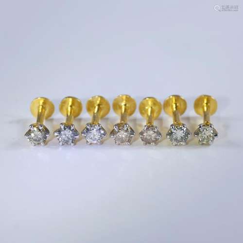 14 K Yellow Gold Set of 7 Diamond Ear Studs/Nose Pin