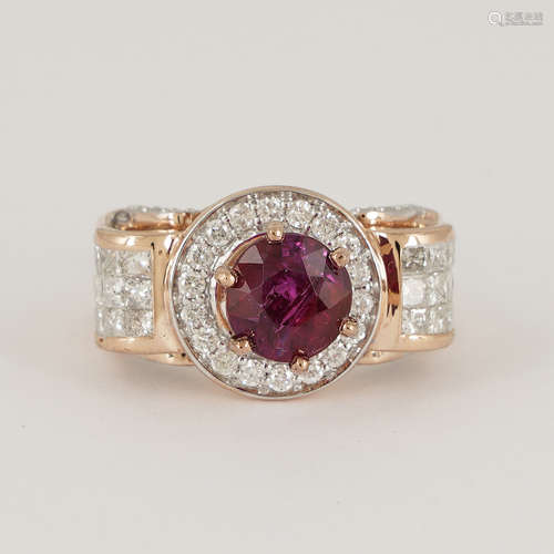 14 K Rose Gold Ruby (GIA Cert.) & Diamond Ring