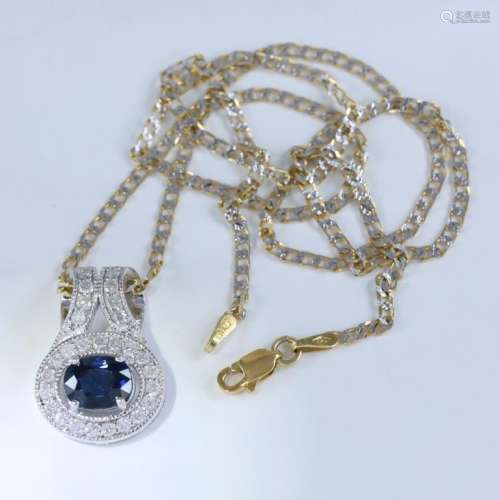 14K White Gold Blue Sapphire & Diamond Pendant Necklace