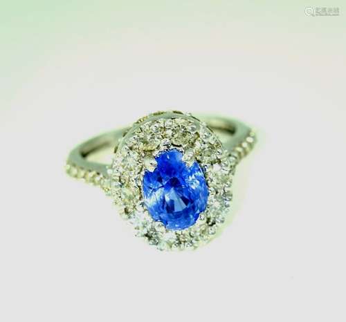 14K White Gold Blue Sapphire (IGI cert.) & Diamond Ring