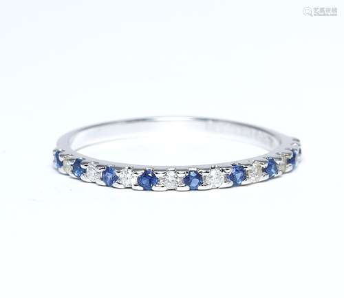 14 K White Gold Diamond and Blue Sapphire Ring