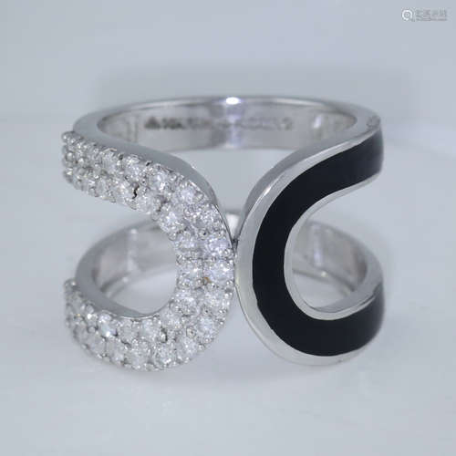 14 K White Gold Diamond Ring with Black Enamel work