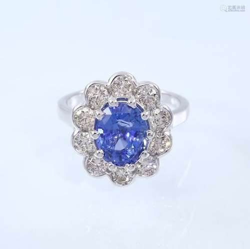 14K White Gold Blue Sapphire (IGI Cert.) & Diamond Ring