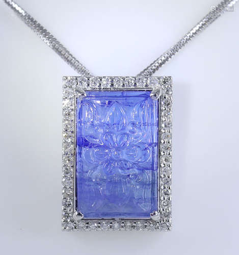 14 K White Gold Tanzanite & Diamond Pendant Necklace