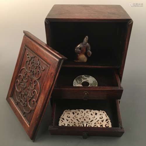 Chinese Hardwood Jewelry Box and 3 Pieces of Jade