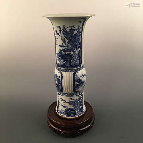 Chinese Blue-White Living Scene Gu-Shaped Vase, Kangxi Mark