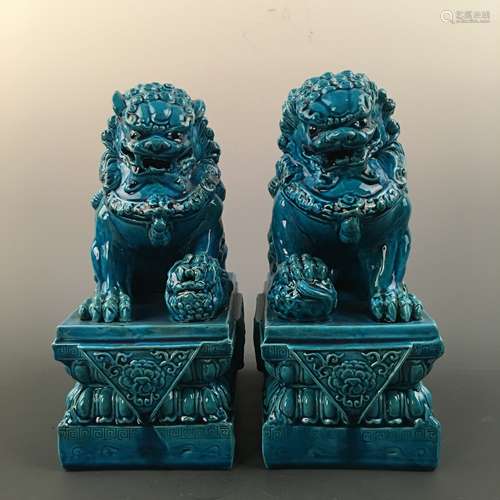 Chinese Peacock Blue Glazed Foodog Pair