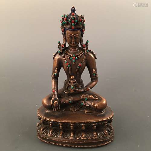 Chinese Bronze Tara Buddha Figure Inlaid Gemstones