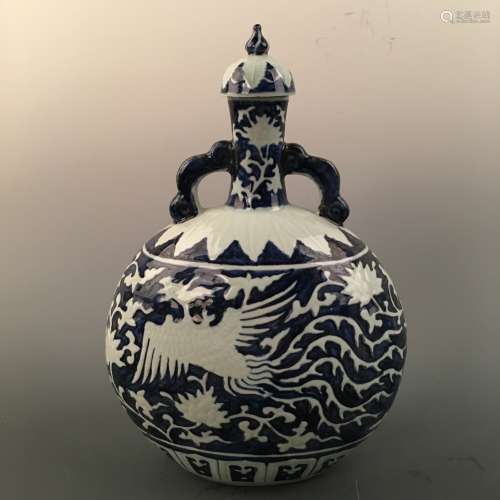Chinese Blue-White 'Phoenix & Lotus' Moon Flask Vase