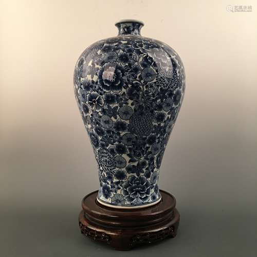 Chinese Blue-White 'Floral' Meiping Vase, Qianlong Mark