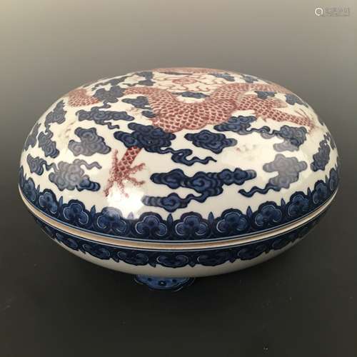 Chinese Blue-White Copper Red Round Box and Cover, Qianlong Mark