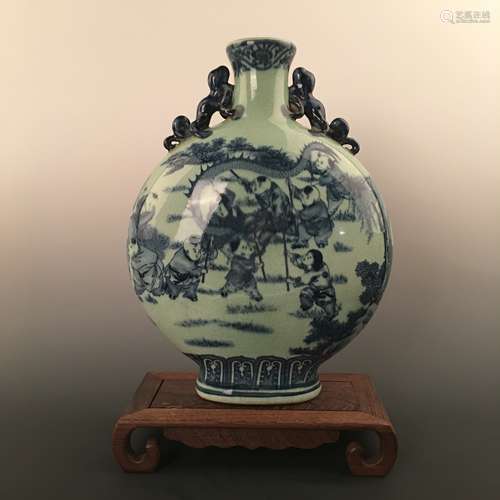 Chinese Blue-White 'Dragon Dance Scene' Round Flat Vase, Qianlong Mark