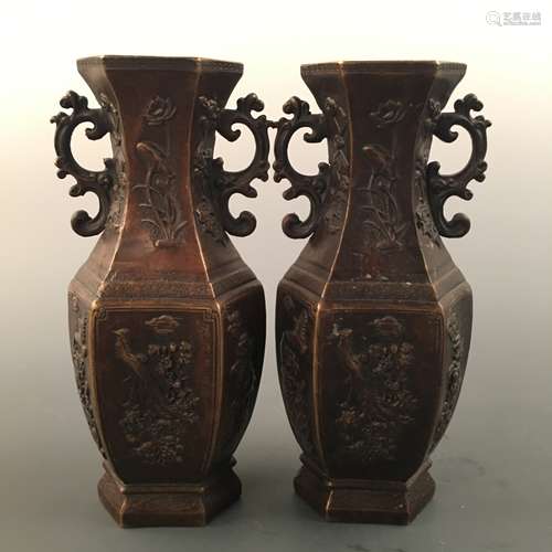 Chinese Bronze Hexagonal Vase Pair