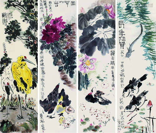 陈子庄 花鸟 四屏 立轴 纸本