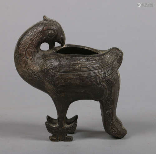 A Chinese archaistic bronze censer formed as a bird preening its feathers, 14.25cm.Condition