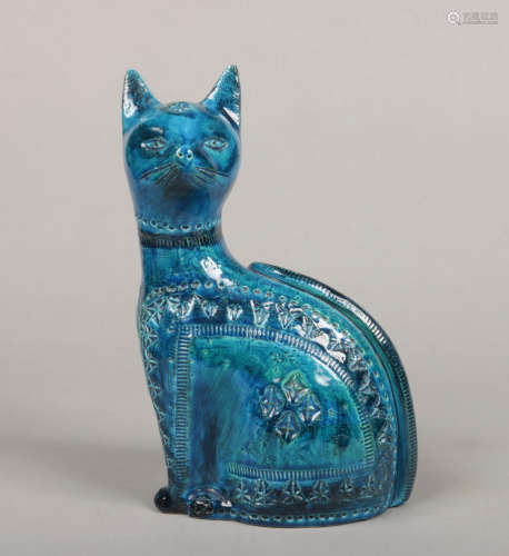 A Bitossi Italian studio pottery stylized model of a seated cat. Turquoise glazed and having incised