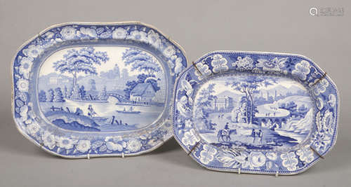 A passion flower border series pearlware blue transfer printed serving dish c.1820 and another