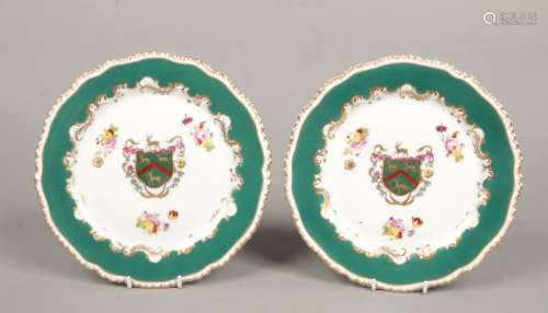 A pair of 19th century Samson armorial plates after Rockingham. With gadrooned rims edged in gilt,