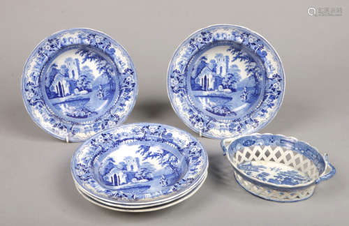 A 19th century Spode chestnut basket printed with the Willow pattern c.1820, five soup plates