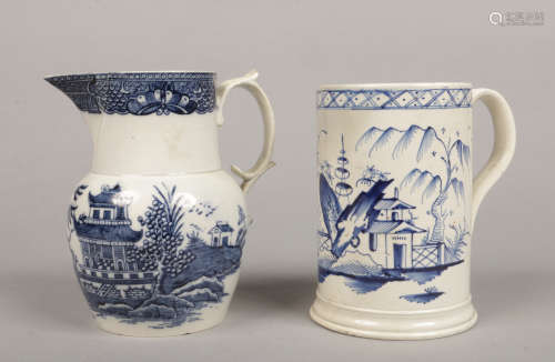 An 18th century pearlware jug printed with a mock Chinese landscape, along with a pearlware