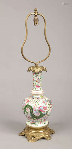 A 19th century Cantonese style Continental porcelain vase converted to a table lamp with bronze