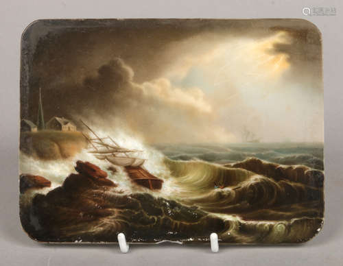 A 19th century opaque glass plaque finely painted with a stormy coastal scene. With a three mast