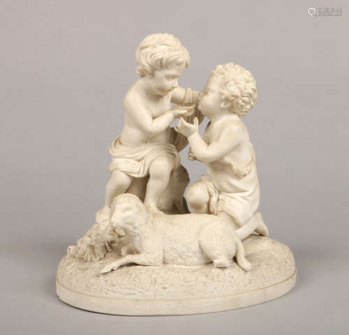 A Victorian parian figure group of Christ and St John as children. Raised on an ovoid naturalistic