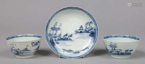 A Richard Chaffers Liverpool blue and white teabowl and saucer and another teabowl. Each painted